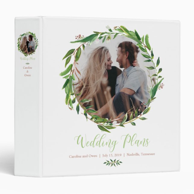 Modern Laurel Wreath Photo Wedding Plan 3 Ring Binder (Front/Spine)