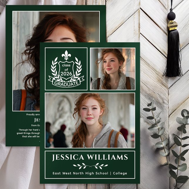 Modern Laurels 3 Photo Class of 2026 Graduation  Announcement (Modern Laurels Fleur de Lis Crest Graduate 3 Photo Graduation Announcement -Print | Digital - Green)