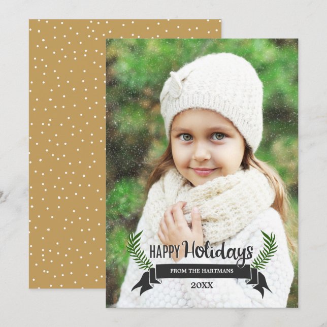 Modern Laurels and Ribbon Christmas Photo Gold Holiday Card (Front/Back)