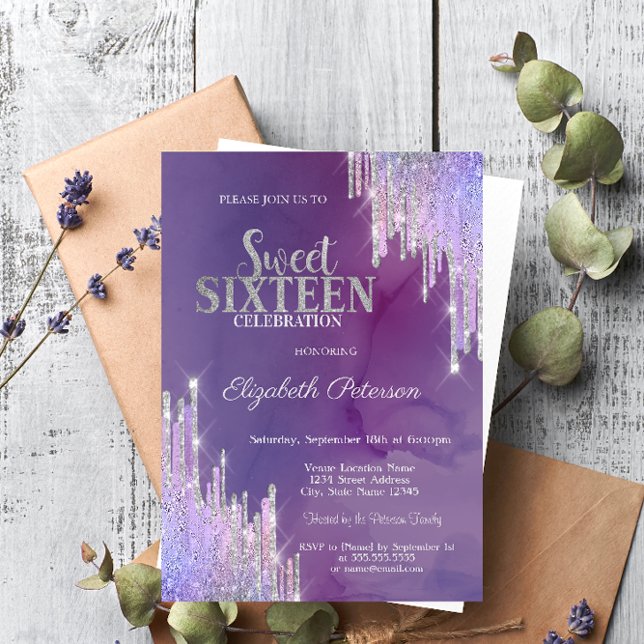 Modern Lavander Glitter Drips Violet Sweet 16 Invitation (Creator Uploaded)