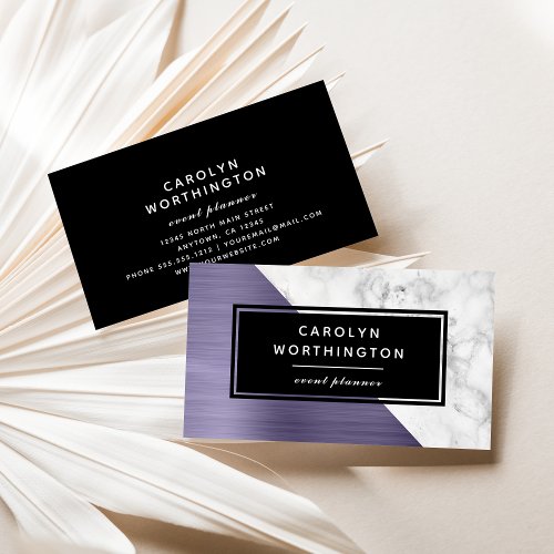 Modern Lavender Brushed Foil White Marble Black Business Card