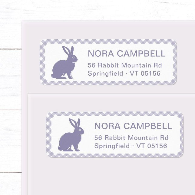 Modern Lavender Bunny Gingham Return Address Label (Modern, cute lavender bunny return address label with classic gingham checks background.)