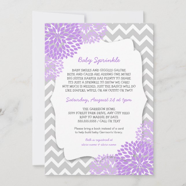 Modern Lavender Dahlia Baby sprinkle invites (Front)