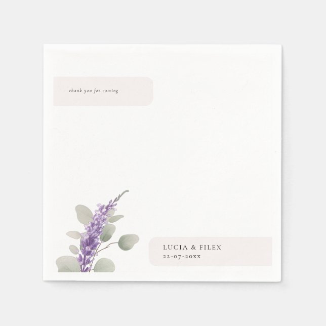 Modern Lavender Eucalyptus Leaves Wedding Napkins (Front)