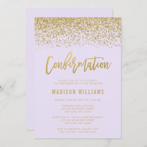 Modern Lavender Faux Gold Glitter Confirmation Invitation
