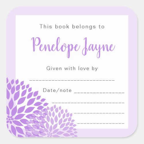 Modern Lavender Floral Bookplate girl baby shower Square Sticker