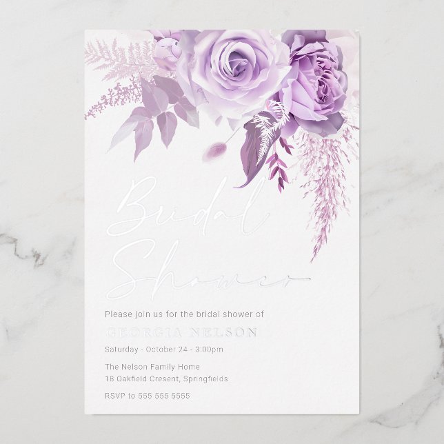 Modern Lavender Floral Bridal Shower Real Silver Foil Invitation (Front)