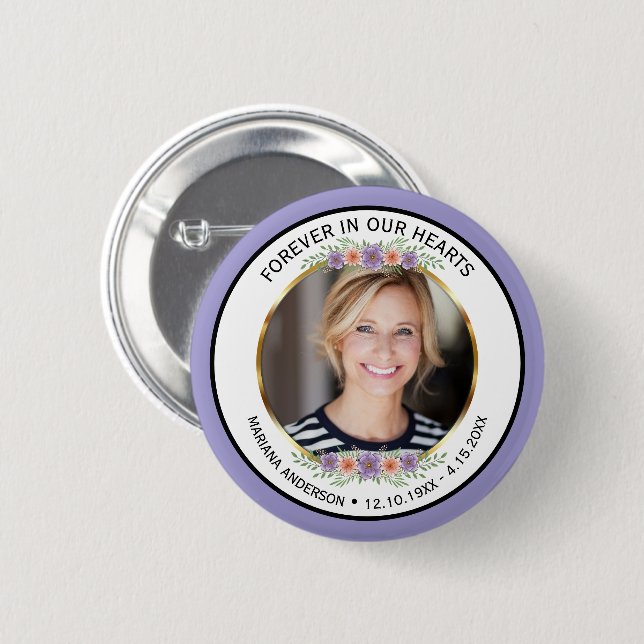 Modern Lavender Floral Memorial Photo  Button (Front & Back)