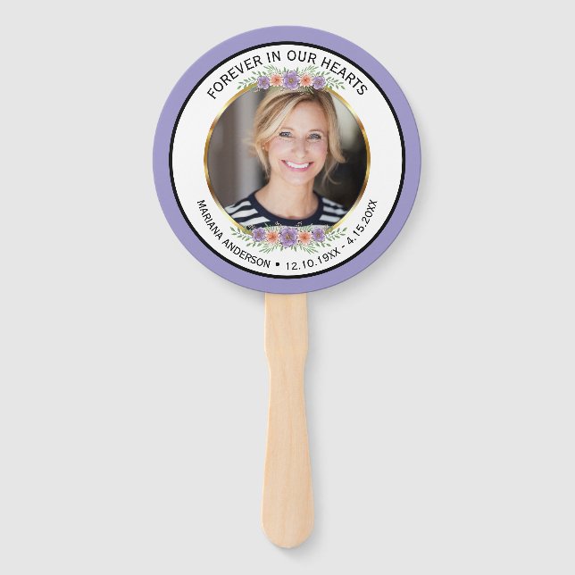 Modern Lavender Floral Memorial Photo  Hand Fan (Front)