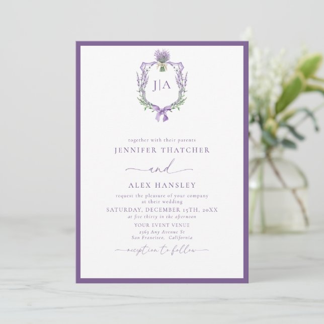 Modern Lavender Floral | Monogram Photo Wedding Invitation (Standing Front)
