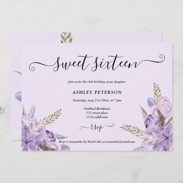 Modern lavender floral watercolor chic Sweet 16 Invitation (Front/Back)