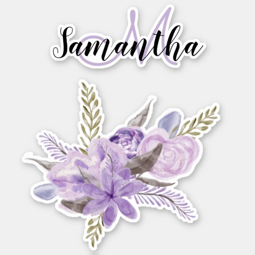 Modern lavender floral watercolor girly monogram sticker