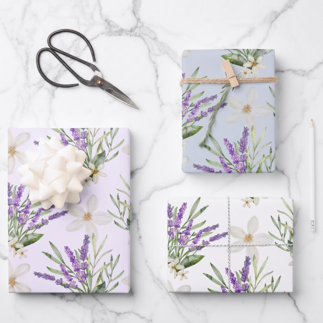 Modern Lavender floral Wedding Wrapping Paper Sheets (Front)