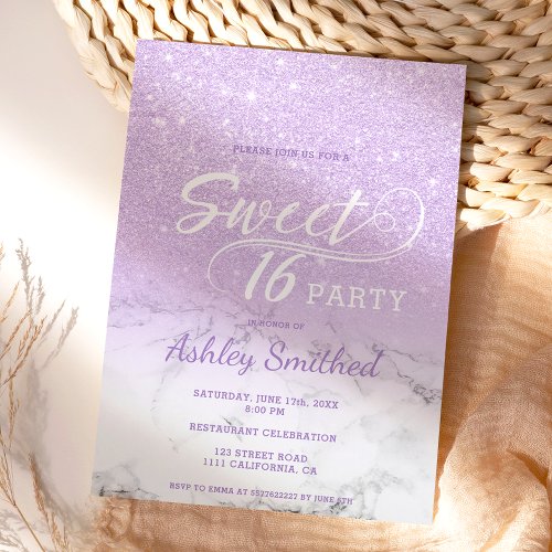 Modern lavender glitter ombre marble Sweet 16 Invitation