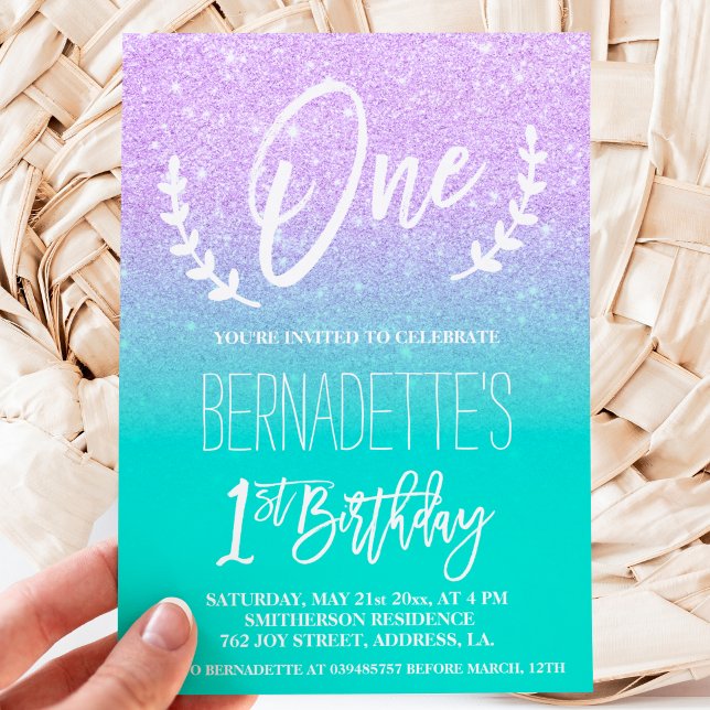 Modern lavender glitter typography first Birthday Invitation