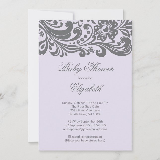 Modern Lavender Gray Floral Swirl Baby Shower Invitation (Front)