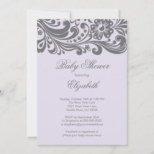 Modern Lavender Gray Floral Swirl Baby Shower Invitation