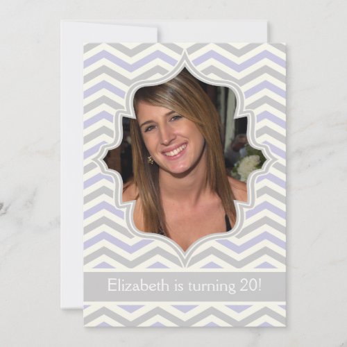 Modern lavender, grey chevron birthday photo personalized invitations