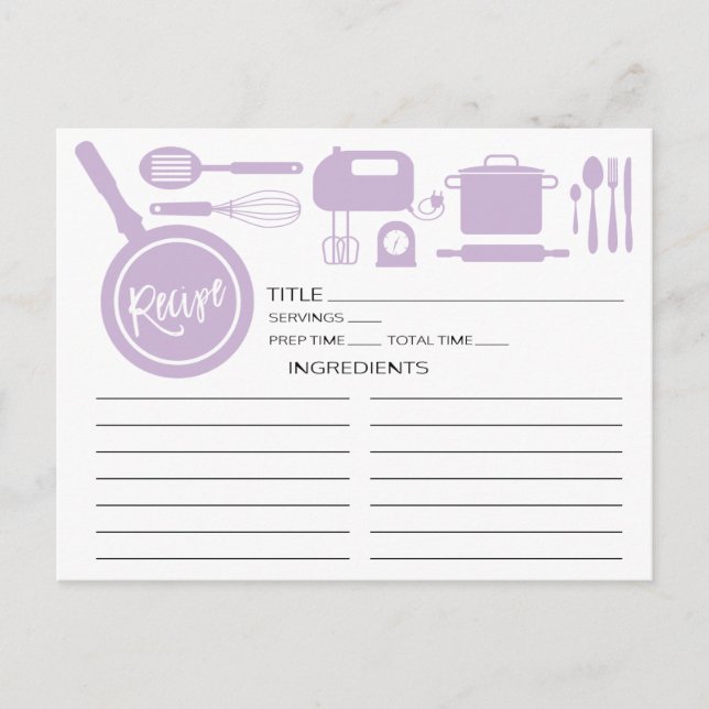 Modern Lavender Kitchen Utensils Recipe Card (Front)