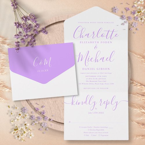 Modern Lavender Lilac Script Minimalist Wedding All In One Invitation