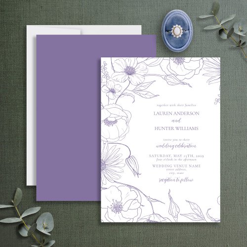 Modern Lavender Line Art Floral Wedding Invitation