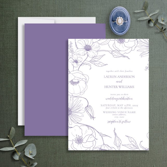 Modern Lavender Line Art Floral Wedding Invitation (Creator Uploaded)