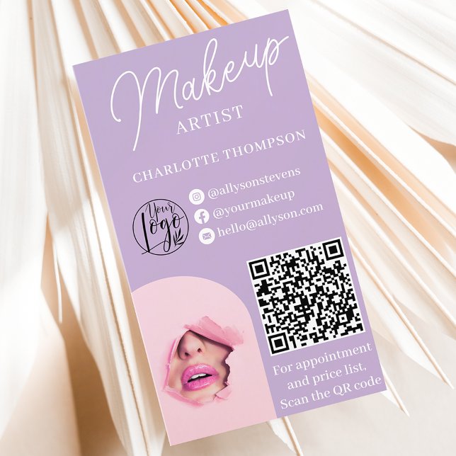 Modern lavender makeup logo Qr code 2 photos Business Card (Modern lavender makeup logo Qr code 2 photos Business Card)