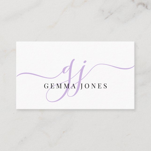 Modern Lavender Monogram Feminine Script Name Business Card (Front)