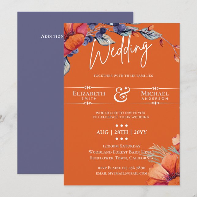 Modern Lavender Orange Floral Wedding Invite (Front/Back)