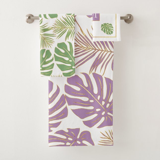 Modern lavender purple and green tropical leaves bath towel set (Insitu)