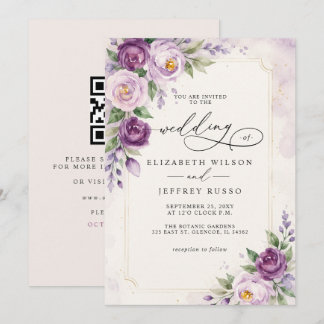 Modern Lavender Purple Floral QR Code Wedding Invitation