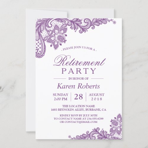 Modern Lavender Purple Lace Retirement Party Invitation