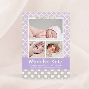 Modern Lavender Purple Lattice Baby Girl Photo Bir Announcement