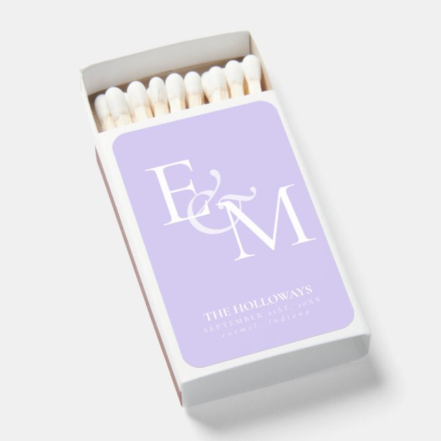 Modern Lavender Purple Monogram Wedding Matchboxes (Front Open)
