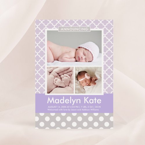 Modern Lavender Purple Pattern Baby Photo Birth Announcement