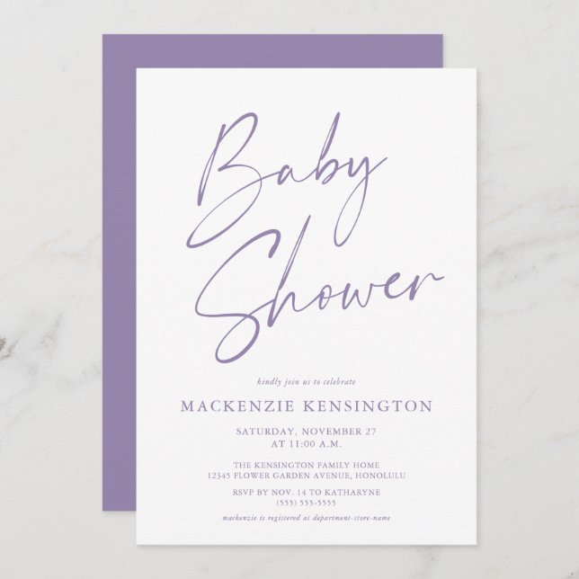 Modern Lavender Purple Simple Script Baby Shower Invitation (Front/Back)