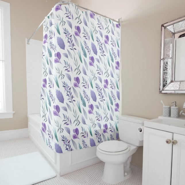 Modern Lavender Purple Teal Green Leaves Shower Curtain (In Situ)