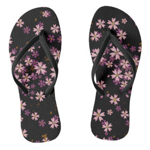Modern Lavender Purple Wild Flowers on Black Flip Flops