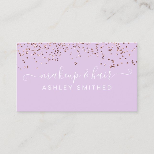 Modern lavender rose gold confetti makeup hair business card (Front)