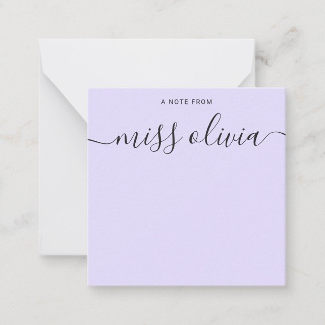Modern Lavender Script Custom Teachers Note Card (Front)