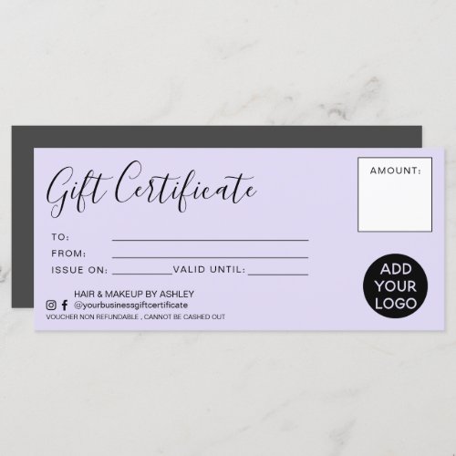 Modern lavender simple gift certificate logo