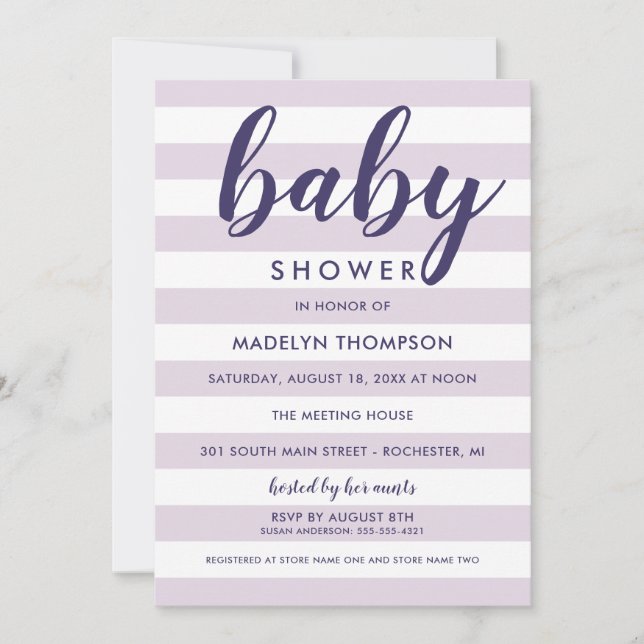 Modern Lavender Stripe Script Baby Girl Shower Invitation (Front)