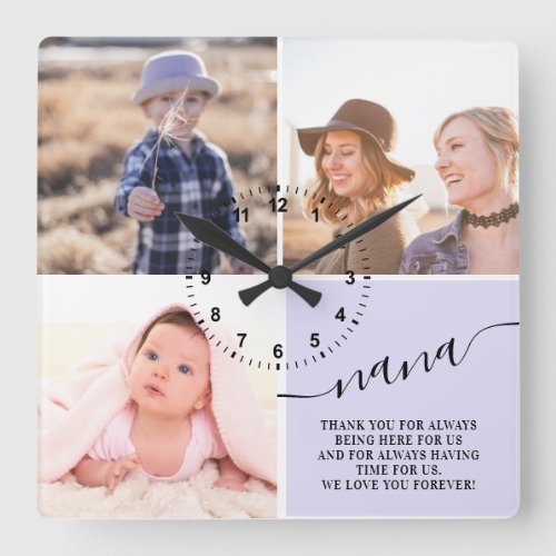 Modern lavender thank you grandma 3 photo collage square wall clock