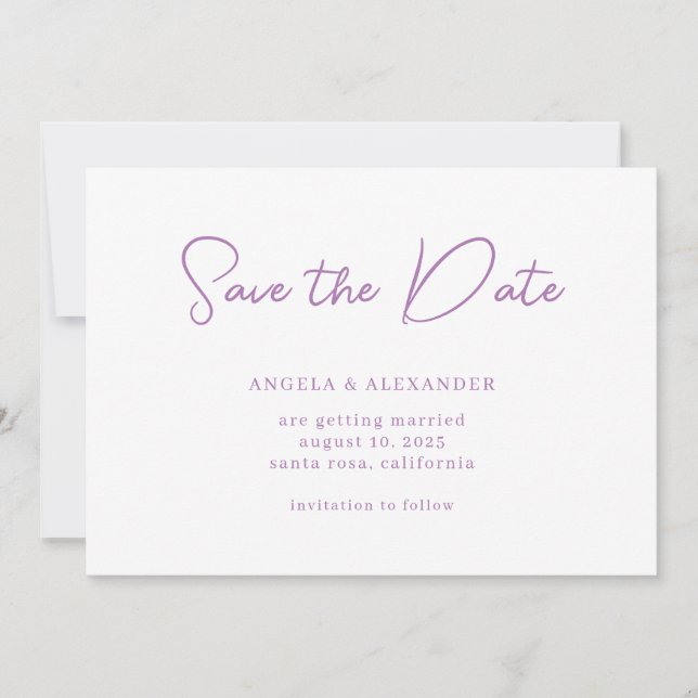 Modern Lavender Wedding Script Save The Date (Front)