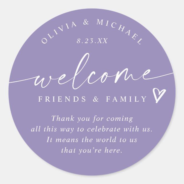 Modern Lavender Wedding Welcome Hotel Bag Classic Round Sticker (Front)