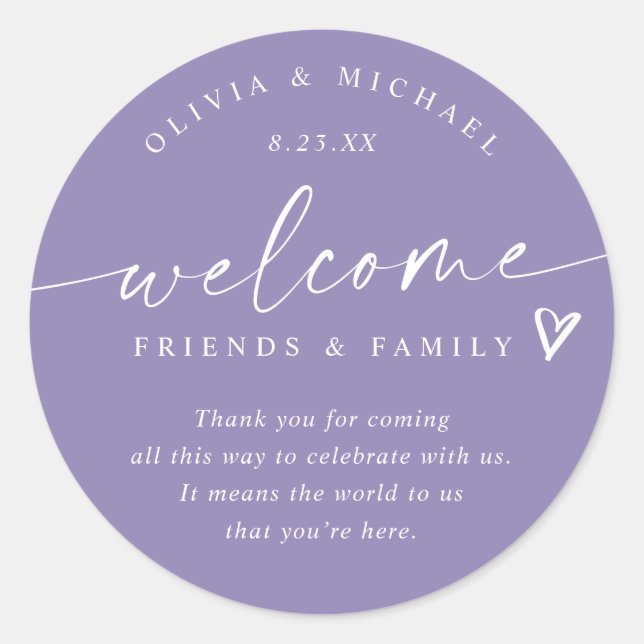Modern Lavender Wedding Welcome Hotel Bag Classic Round Sticker (Front)