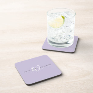 Modern Lavender White Script Monogram Beverage Coaster