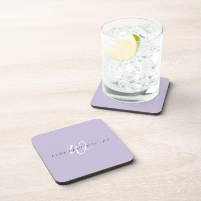 Modern Lavender White Script Monogram Beverage Coaster (Right Side)