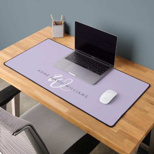 Modern Lavender White Script Monogram Desk Mat (Office 2)