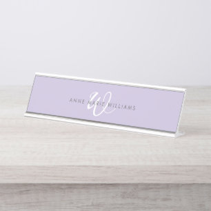Modern Lavender White Script Monogram Desk Name Plate